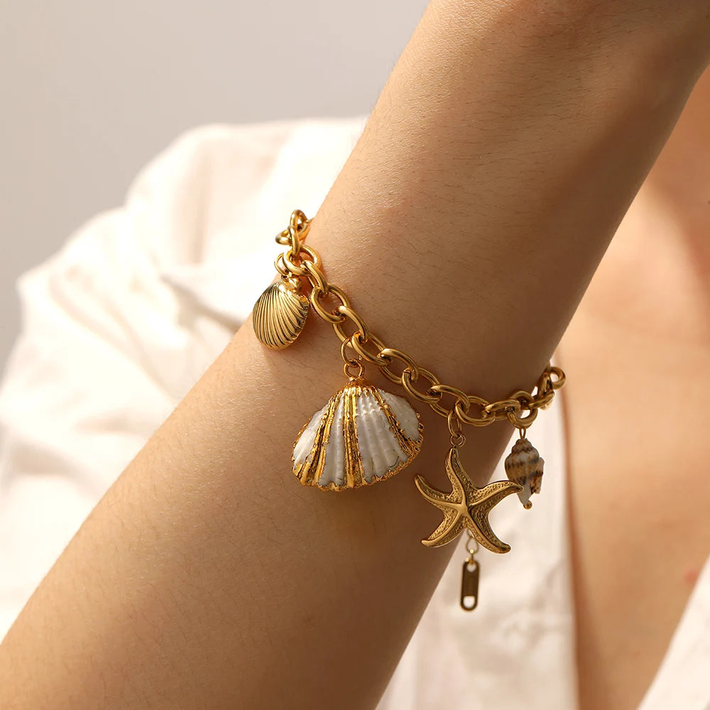 LAMENGLY 316L Stainless Steel Exquisite Marine Animals Conch Starfish Shell Charm Bracelet Women Beach Vacation Wrist Chain Gift
