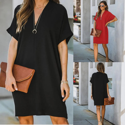 2024 Spring Chiffon Women Dress Black V-neck Short Sleeve Loose Dresses Female Summer New Casual Elegant Fashion Ladies Clothes