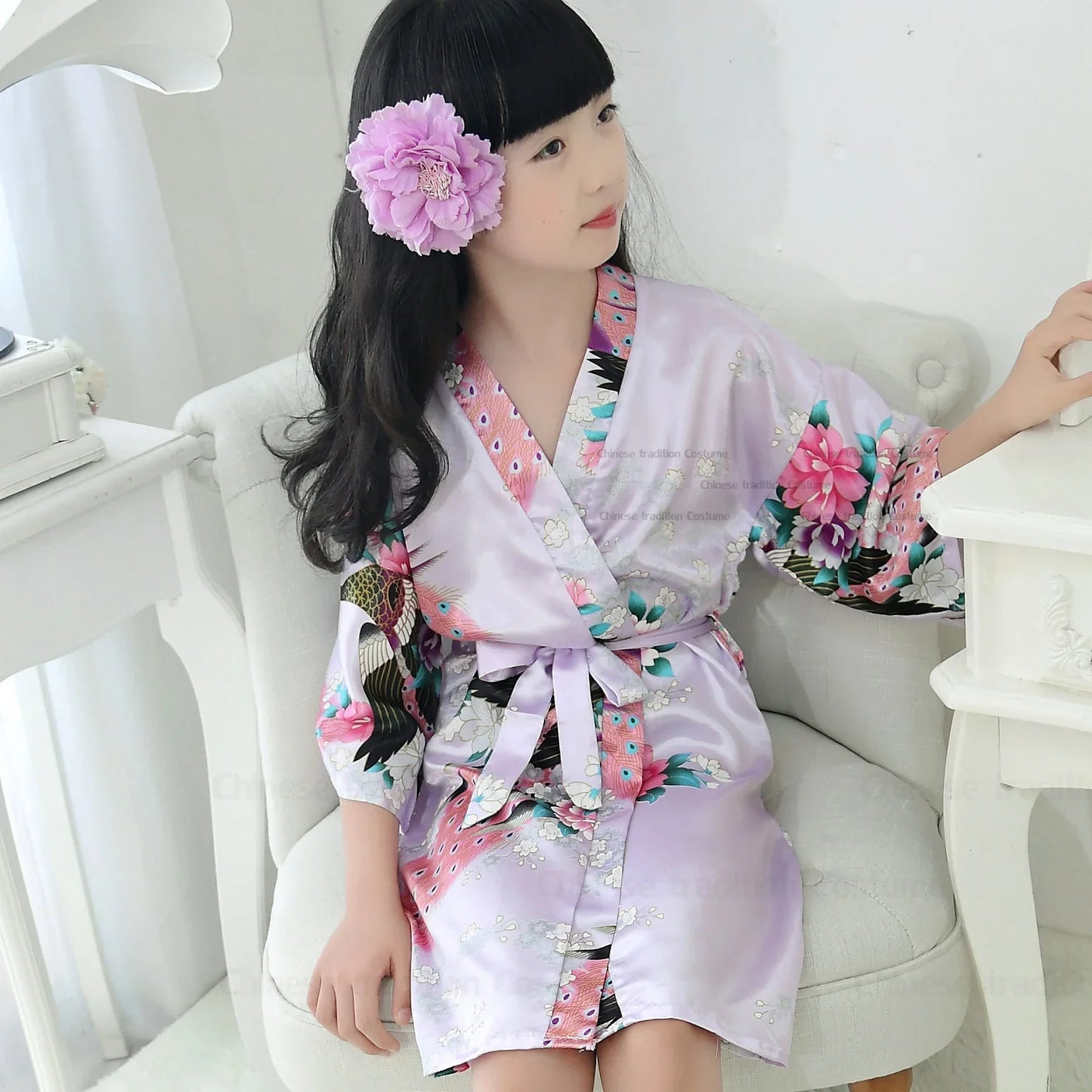 Satin Yukata Short Sleepwear Child Bathrobe Girl Peacock Print Japanese Kimono Loose Summer Spring New Loungewear Nightwear