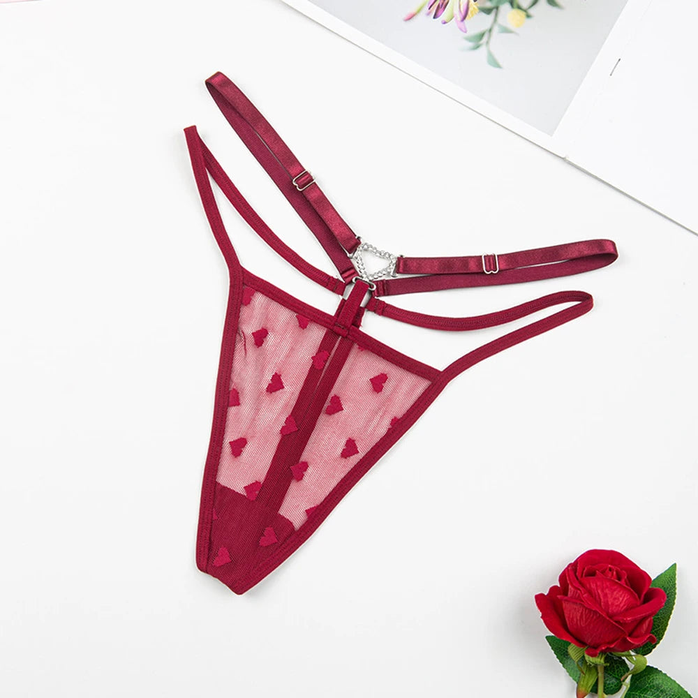Women's Thong Sexy With Adjustable Waistband Embroidered Heart Pattern Diamond Buckle Comfortable Underwear