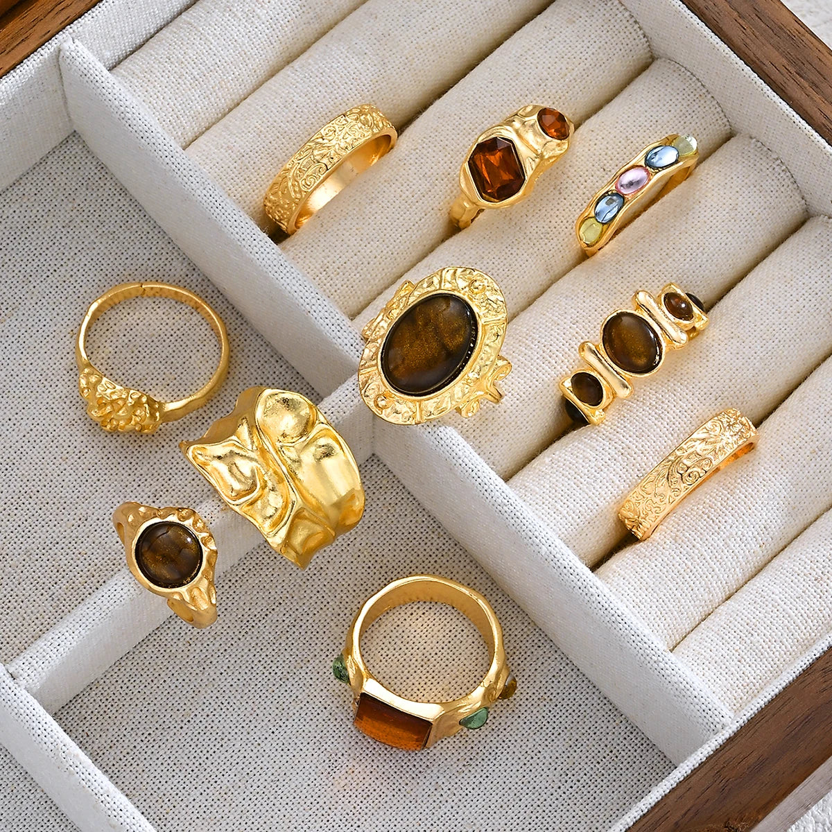 6Pcs Irregular Textured Ring Set For Women Gold Plated Tiger Eye Inlaid Vintage Carved Wave Finger Rings Party Jewelry Gift 2026