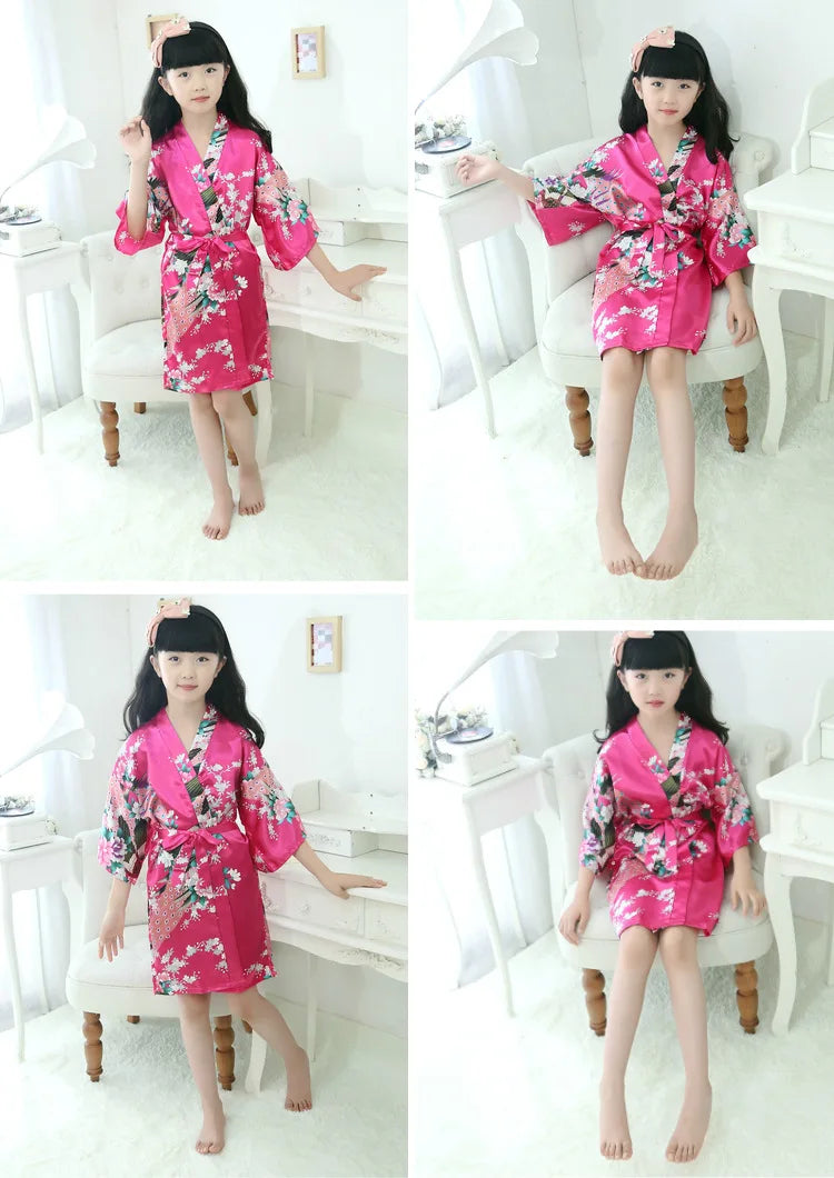 Satin Yukata Short Sleepwear Child Bathrobe Girl Peacock Print Japanese Kimono Loose Summer Spring New Loungewear Nightwear