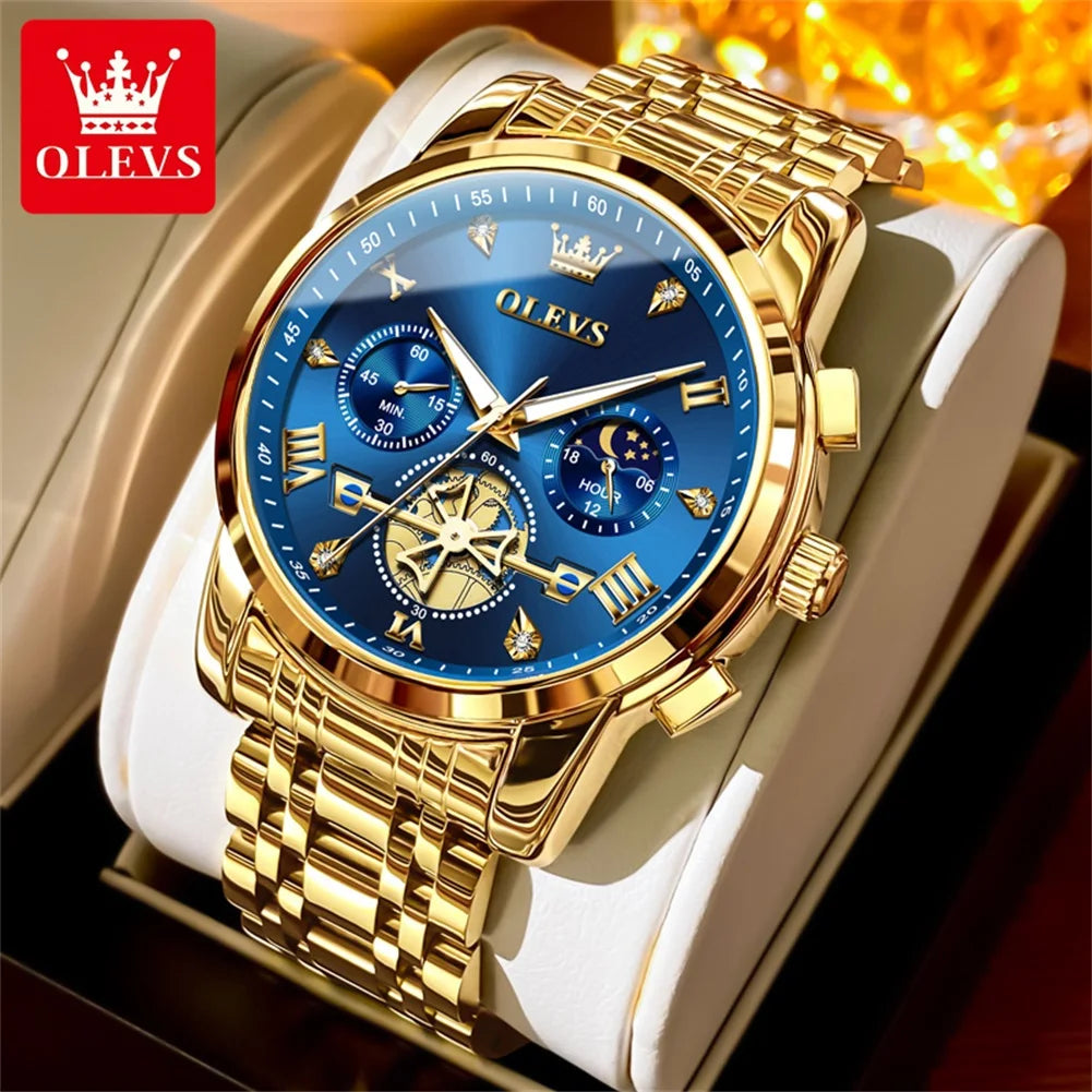 OLEVS Men's Watches Trend Fashion Stainless Steel Flywheel Chronograph Moon Phase Waterproof Original Brand Quartz Watch for Man