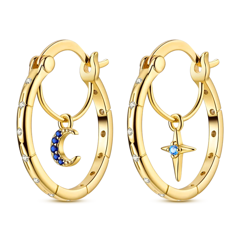 925 Sterling Silver Golden Earring Women 2026 CZ Zircon Hoop Ear Studs Sparkling Pave Moon Star Earring Wedding Anniversary Gift