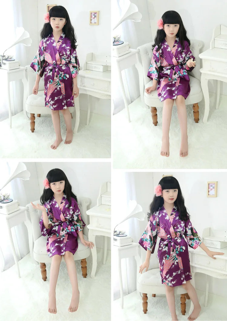 Satin Yukata Short Sleepwear Child Bathrobe Girl Peacock Print Japanese Kimono Loose Summer Spring New Loungewear Nightwear