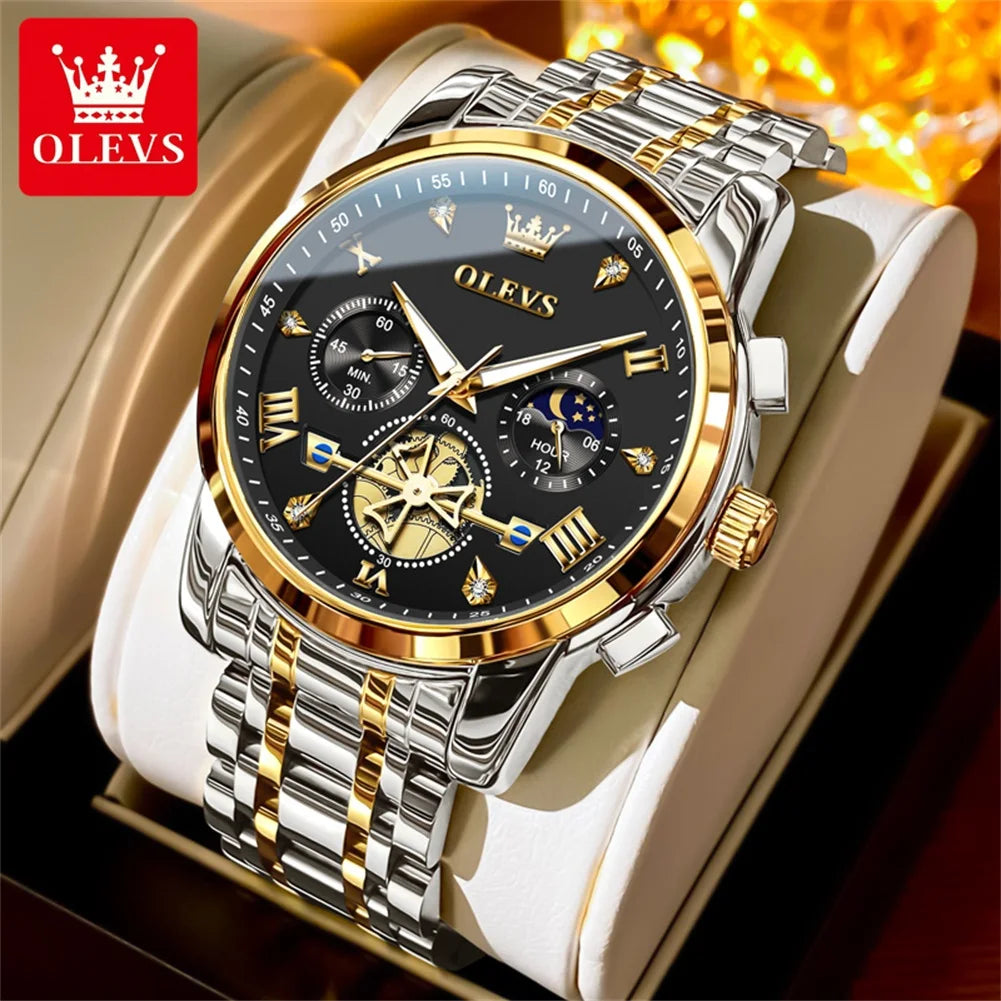 OLEVS Men's Watches Trend Fashion Stainless Steel Flywheel Chronograph Moon Phase Waterproof Original Brand Quartz Watch for Man
