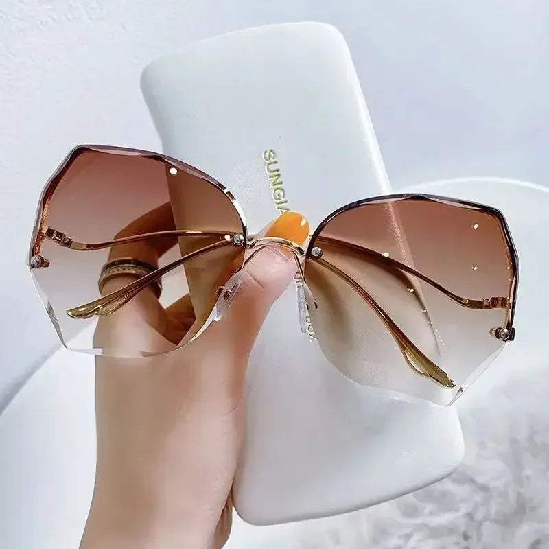 Irregular Round Sunglases Women Brand Designer Gradient Fashion Sun Glasses Female Rimless Metal Curved Temples Oculos De Sol