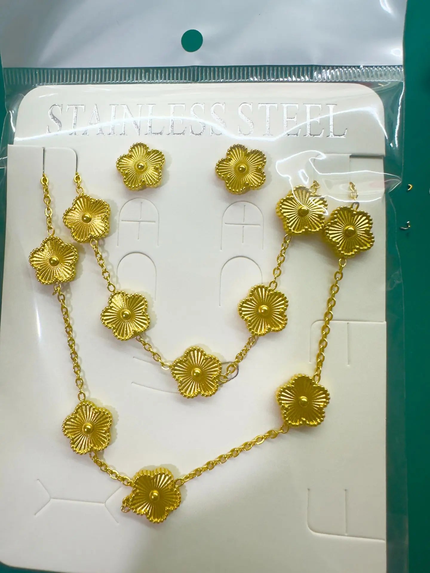 Five Flower Pattern Bracelet Necklace Earrings 18K Gold Plated Stainless Steel Adjustable For Women Daily Wear Jewelry Clover