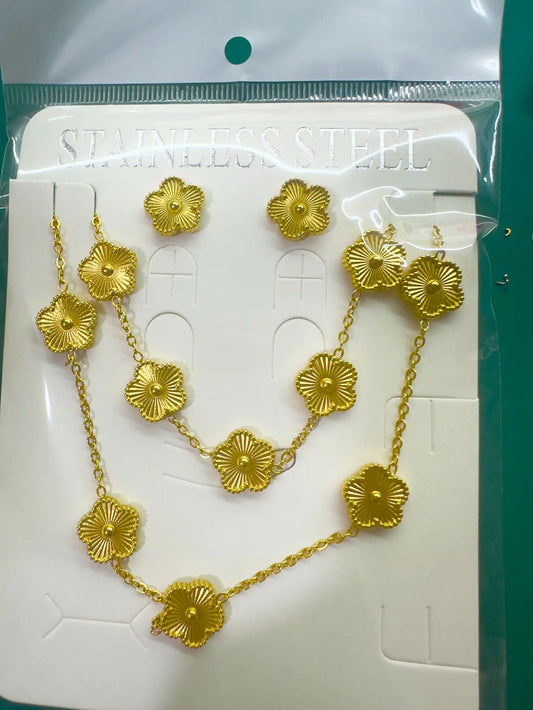Five Flower Pattern Bracelet Necklace Earrings 18K Gold Plated Stainless Steel Adjustable For Women Daily Wear Jewelry Clover