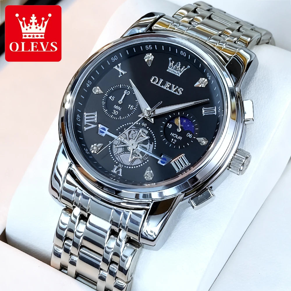 OLEVS Men's Watches Trend Fashion Stainless Steel Flywheel Chronograph Moon Phase Waterproof Original Brand Quartz Watch for Man