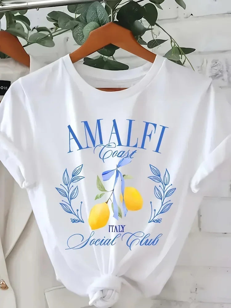 Lemon Print T-shirt Short Sleeve Crew Neck Casual Top for Summer & Spring Women's Clothing