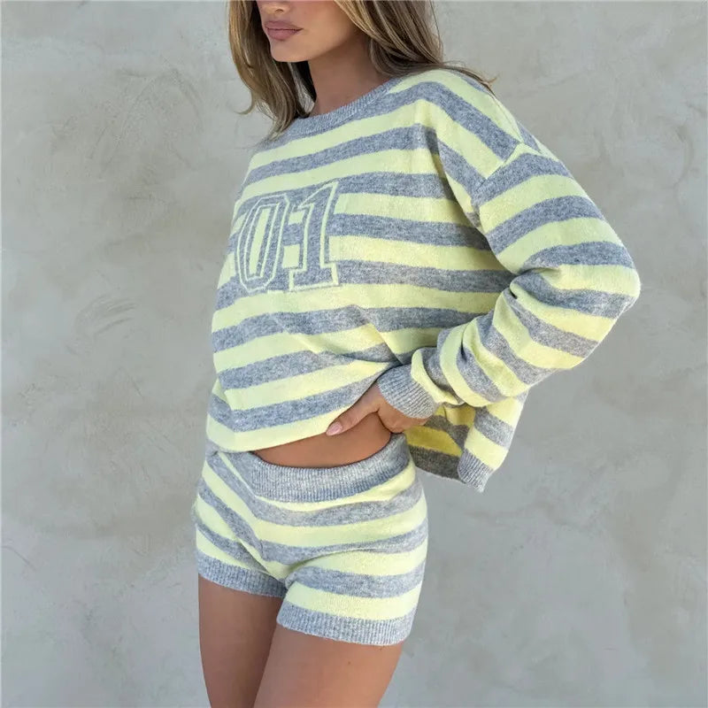 Women's Y2K Striped Knit Shorts Set Vintage Long Sleeve Round Neck Sweater and Elastic Waist Shorts Stylish Casual Outfits