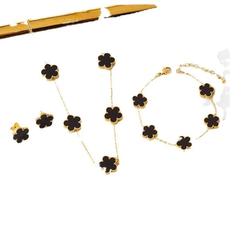 Five Flower Pattern Bracelet Necklace Earrings 18K Gold Plated Stainless Steel Adjustable For Women Daily Wear Jewelry Clover