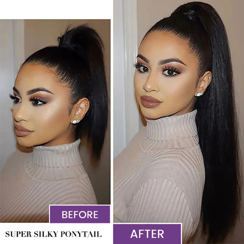 Ponytail Extension Human Hair #1B Natural Black 100% Remy Human Hair Ponytail Extension Straight Wrap Around Ponytails Hairpiece