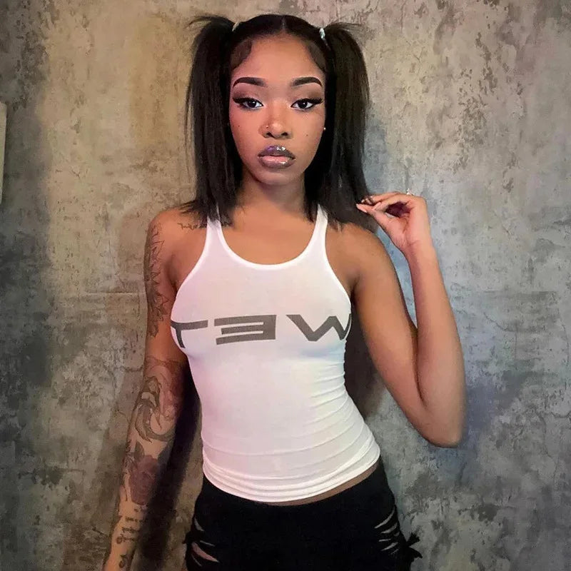 Y2k Aesthetics Harajuku Vintage Tank Top Letter Print Streetwear Sleeveless Baby Crop Top Sexy Elegant Club Clothing 2024 Summer