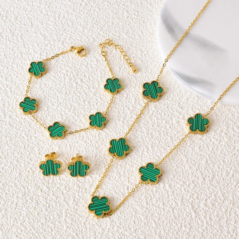 Five Flower Pattern Bracelet Necklace Earrings 18K Gold Plated Stainless Steel Adjustable For Women Daily Wear Jewelry Clover