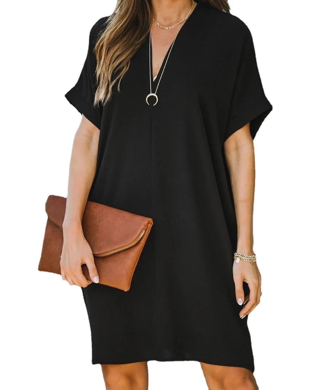 2024 Spring Chiffon Women Dress Black V-neck Short Sleeve Loose Dresses Female Summer New Casual Elegant Fashion Ladies Clothes