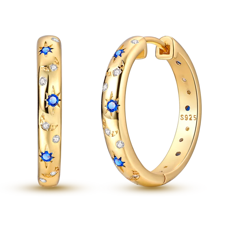 925 Sterling Silver Golden Earring Women 2026 CZ Zircon Hoop Ear Studs Sparkling Pave Moon Star Earring Wedding Anniversary Gift