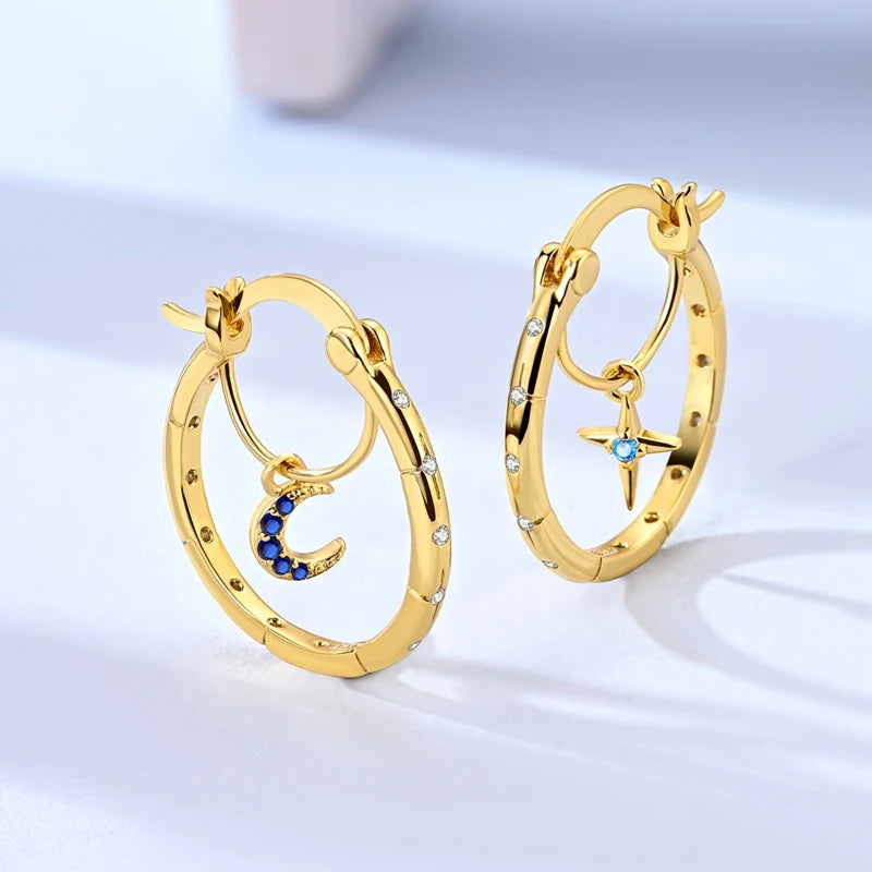 925 Sterling Silver Golden Earring Women 2026 CZ Zircon Hoop Ear Studs Sparkling Pave Moon Star Earring Wedding Anniversary Gift