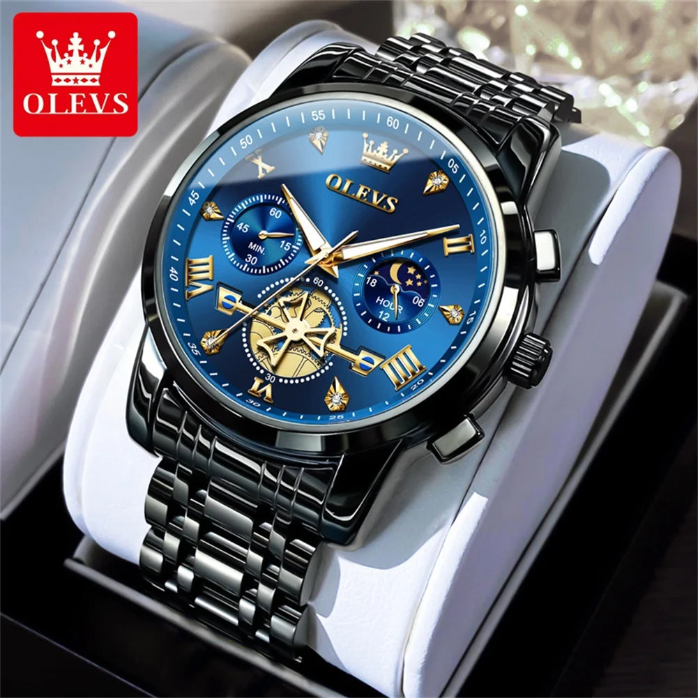 OLEVS Men's Watches Trend Fashion Stainless Steel Flywheel Chronograph Moon Phase Waterproof Original Brand Quartz Watch for Man