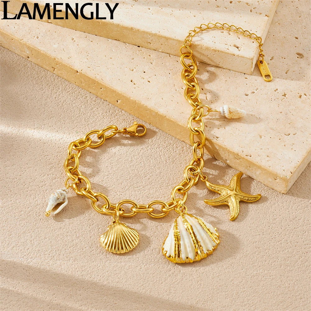 LAMENGLY 316L Stainless Steel Exquisite Marine Animals Conch Starfish Shell Charm Bracelet Women Beach Vacation Wrist Chain Gift