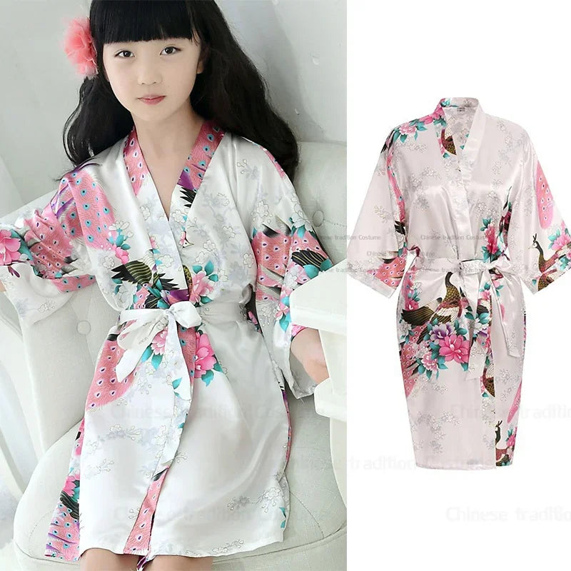 Satin Yukata Short Sleepwear Child Bathrobe Girl Peacock Print Japanese Kimono Loose Summer Spring New Loungewear Nightwear