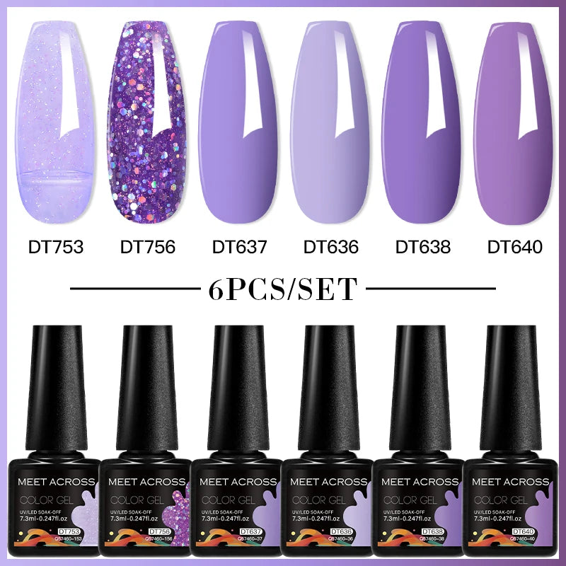 MEET ACROSS 6PCS Gel Nail Polish Set Purple Blue Spring Summer All For Decoration UV Gel Vernis Long Lasting Nail Art Manicure