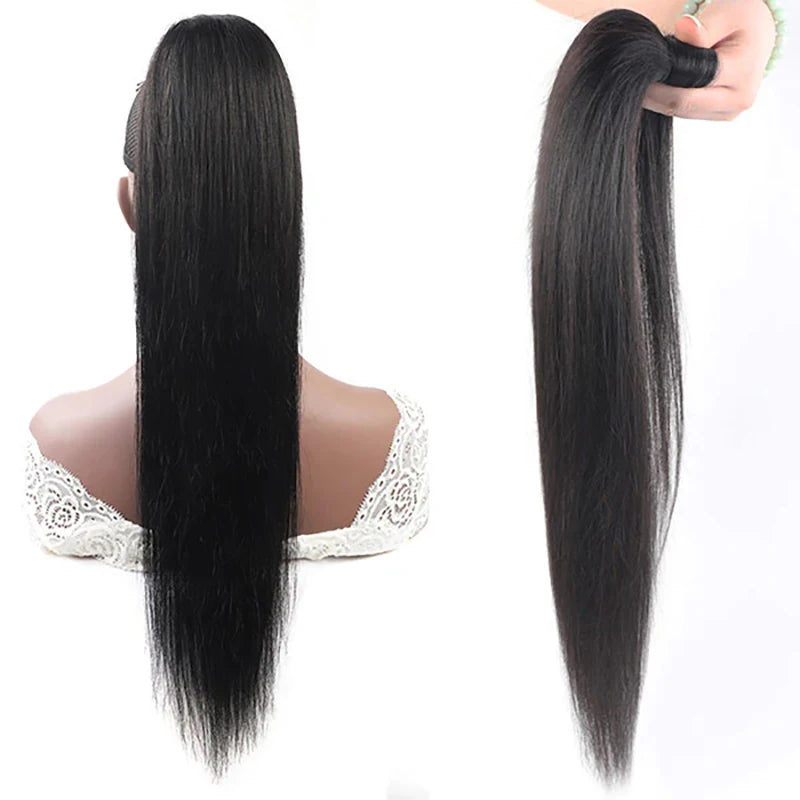 Ponytail Extension Human Hair #1B Natural Black 100% Remy Human Hair Ponytail Extension Straight Wrap Around Ponytails Hairpiece