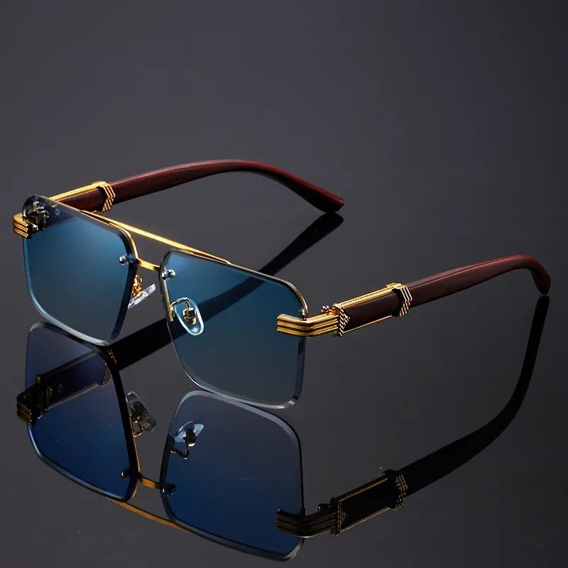 Women's Frameless Double Beam Fashion Sunglasses Golden Border Wood Grain Bracket for Male and Female Drivers Black Eyeglasses