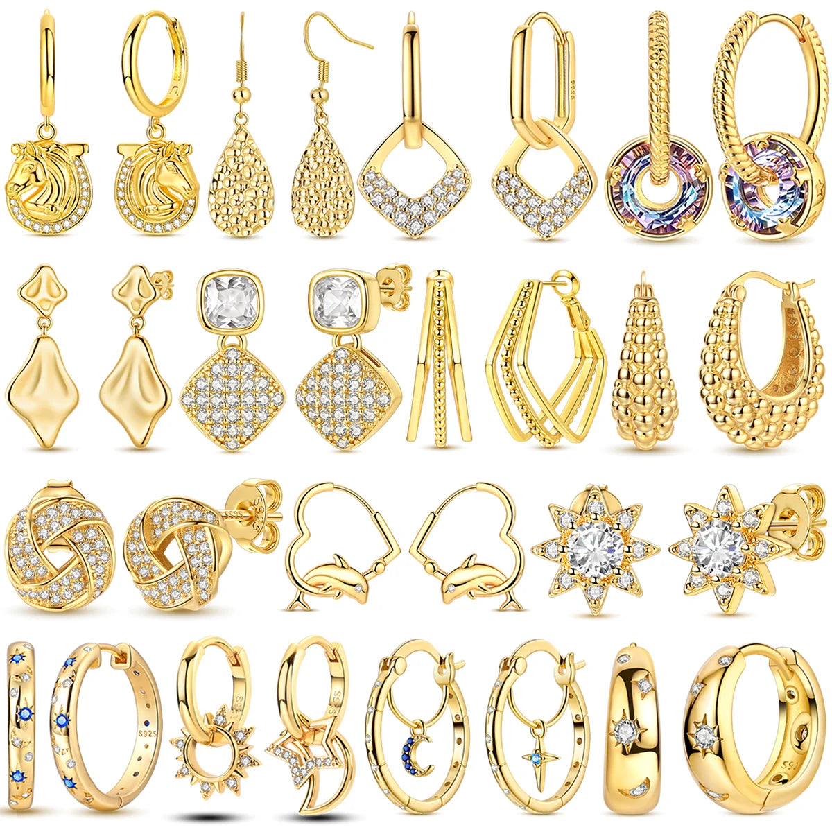 925 Sterling Silver Golden Earring Women 2026 CZ Zircon Hoop Ear Studs Sparkling Pave Moon Star Earring Wedding Anniversary Gift