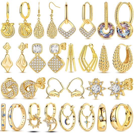 925 Sterling Silver Golden Earring Women 2026 CZ Zircon Hoop Ear Studs Sparkling Pave Moon Star Earring Wedding Anniversary Gift