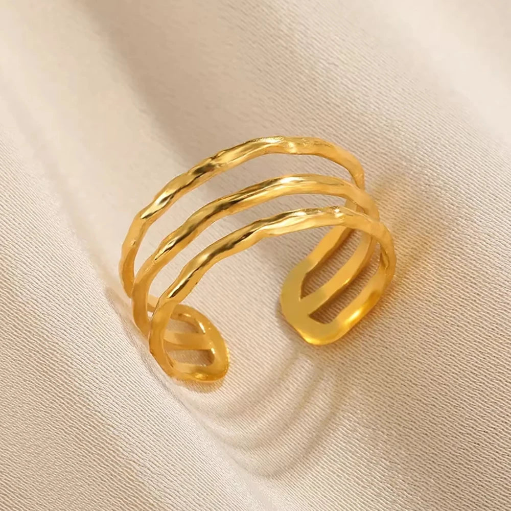 316L Stainless Steel Rings for Women Gold Color Multilayer Geometric Open Ring Vintage Waterproof Wedding Aesthetic Jewelry Gift
