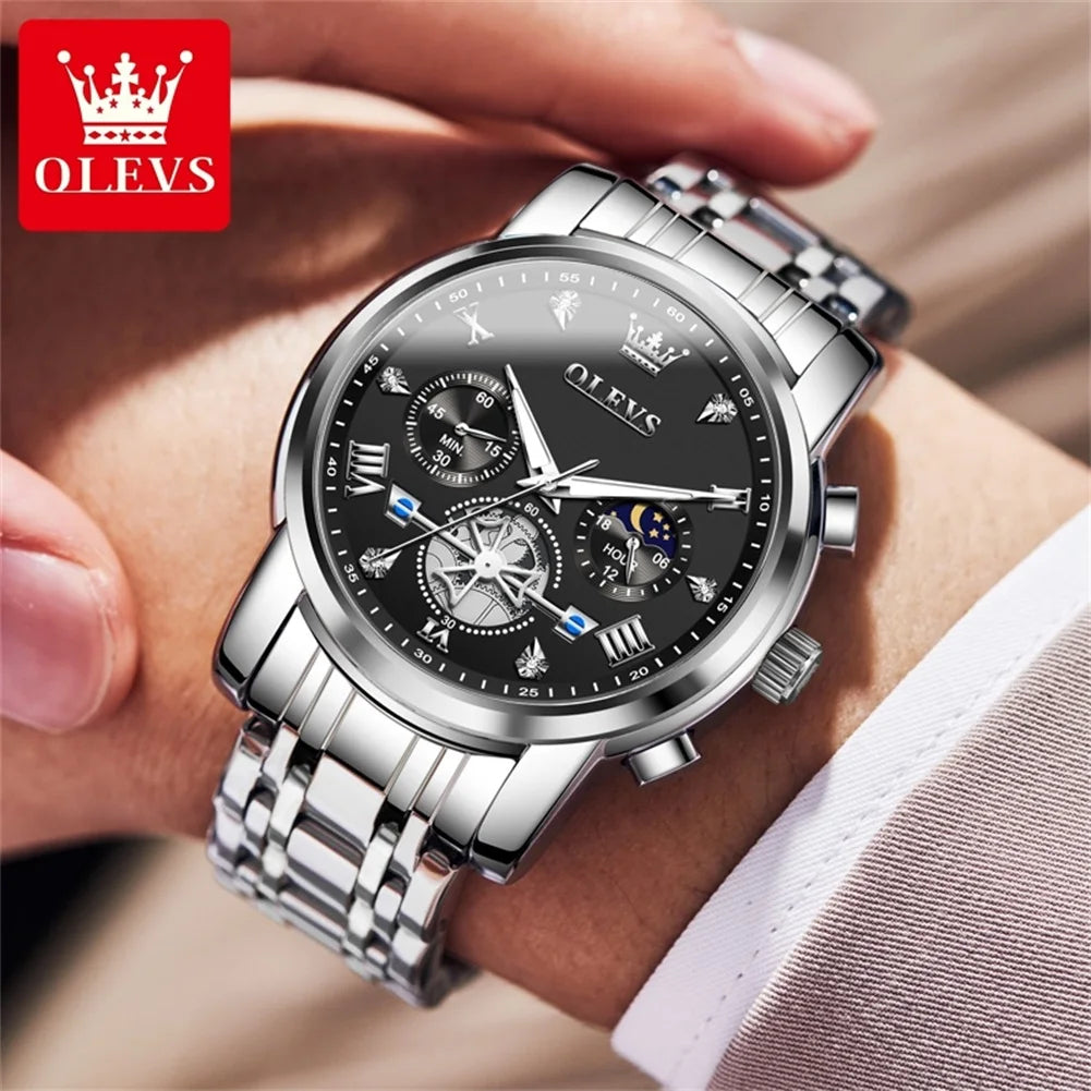 OLEVS Men's Watches Trend Fashion Stainless Steel Flywheel Chronograph Moon Phase Waterproof Original Brand Quartz Watch for Man