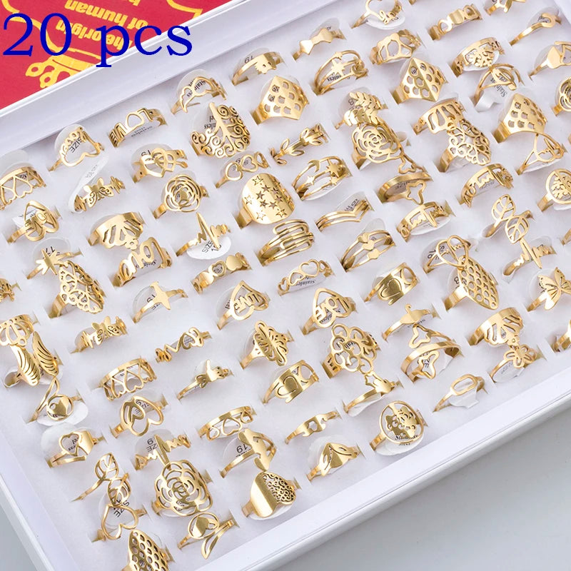 20pcs/lot Women's Fashion Stainless Steel Big And Small Hollow Cut Jewelry Rings Mix Love Flower Heart Style For Party Gift