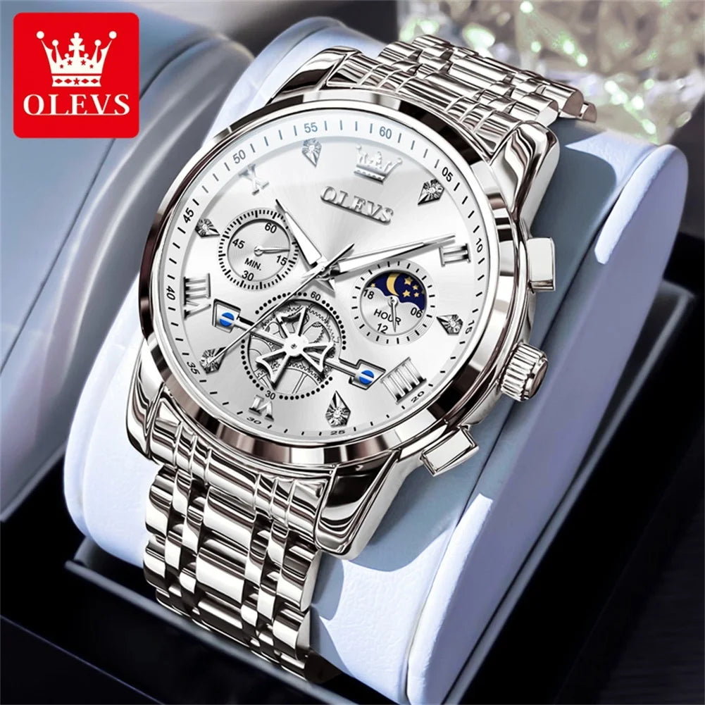 OLEVS Men's Watches Trend Fashion Stainless Steel Flywheel Chronograph Moon Phase Waterproof Original Brand Quartz Watch for Man