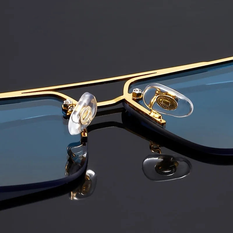 Women's Frameless Double Beam Fashion Sunglasses Golden Border Wood Grain Bracket for Male and Female Drivers Black Eyeglasses