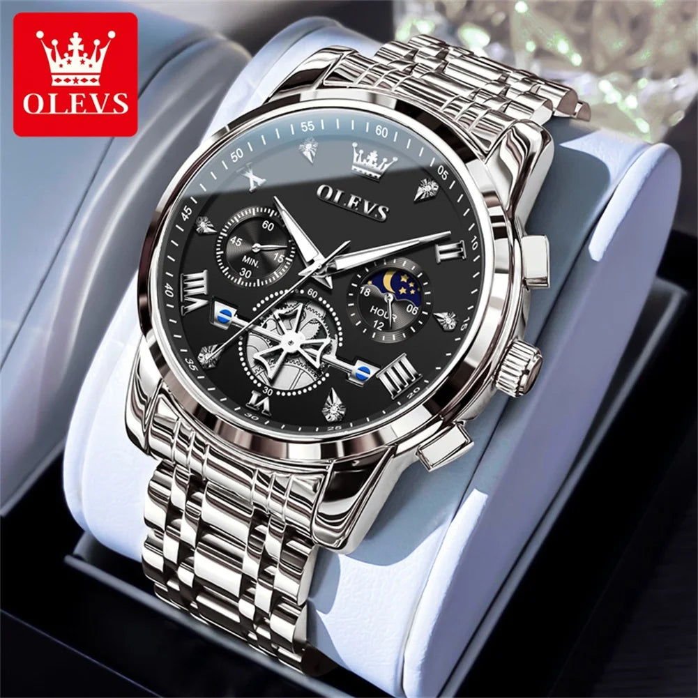 OLEVS Men's Watches Trend Fashion Stainless Steel Flywheel Chronograph Moon Phase Waterproof Original Brand Quartz Watch for Man