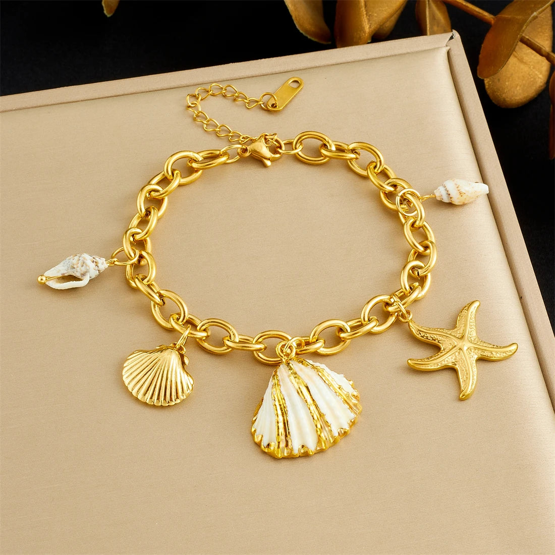 LAMENGLY 316L Stainless Steel Exquisite Marine Animals Conch Starfish Shell Charm Bracelet Women Beach Vacation Wrist Chain Gift