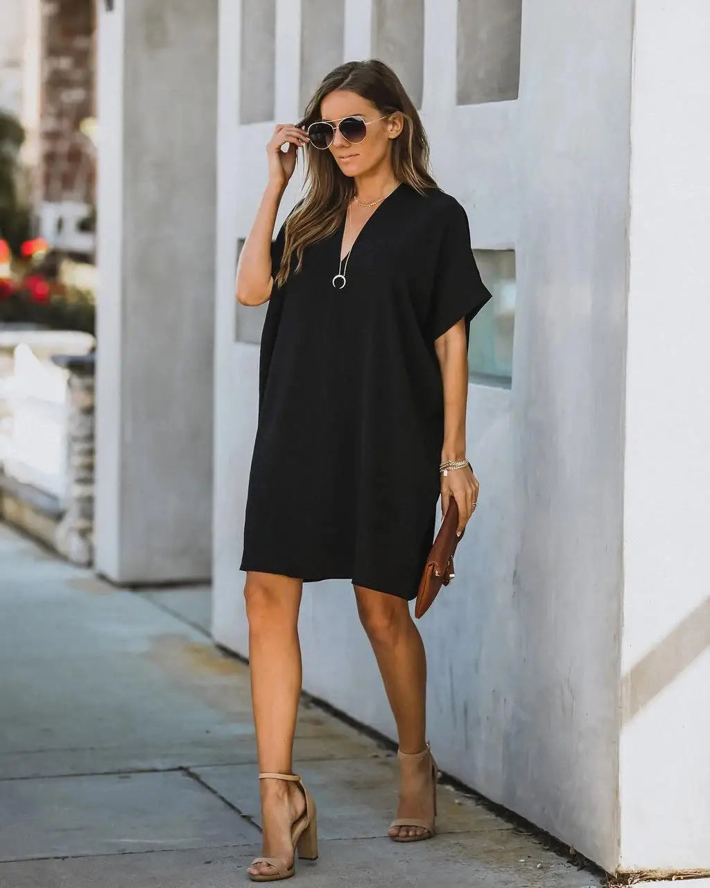 2024 Spring Chiffon Women Dress Black V-neck Short Sleeve Loose Dresses Female Summer New Casual Elegant Fashion Ladies Clothes
