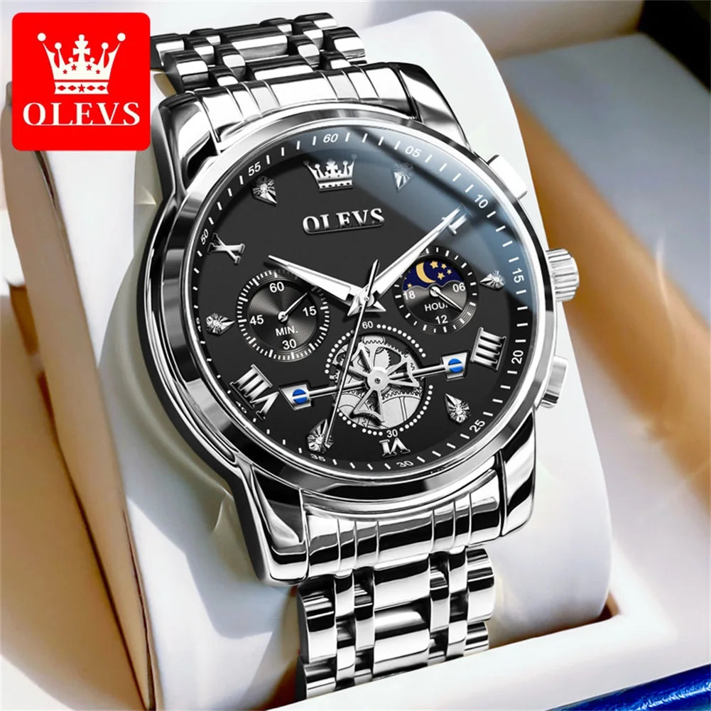 OLEVS Men's Watches Trend Fashion Stainless Steel Flywheel Chronograph Moon Phase Waterproof Original Brand Quartz Watch for Man