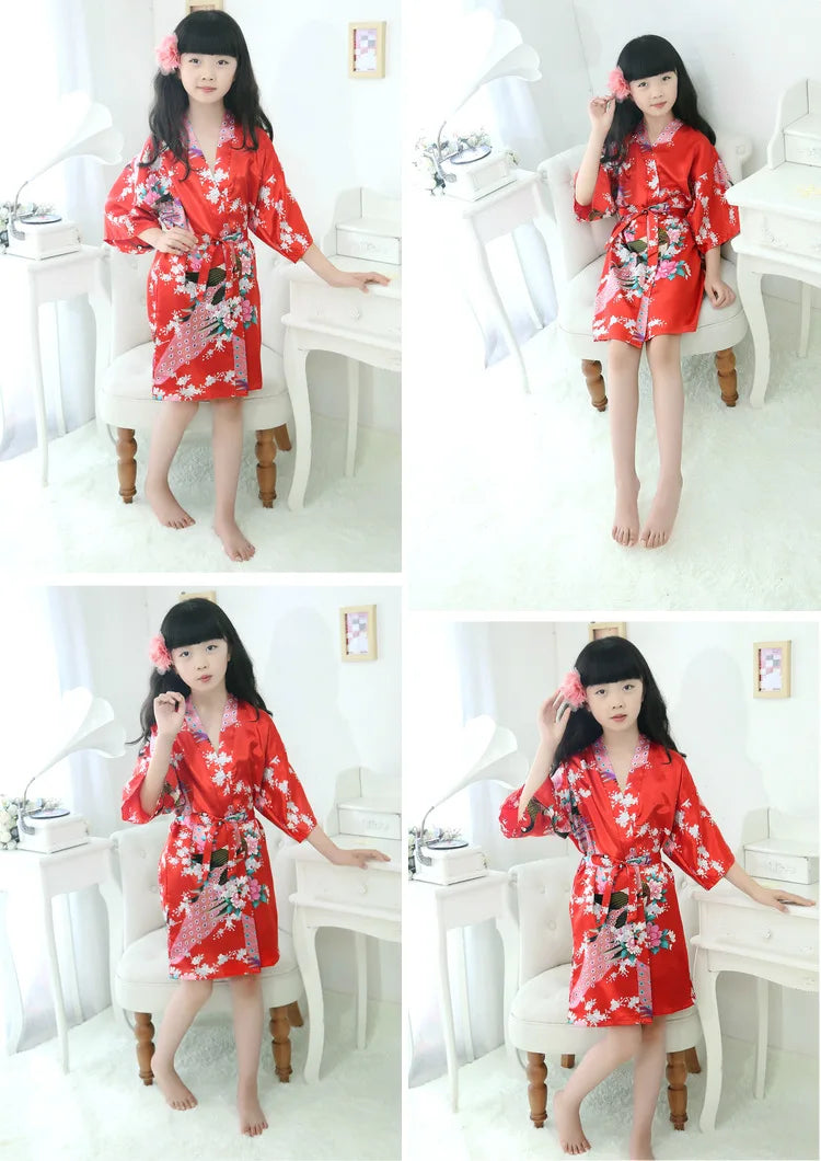 Satin Yukata Short Sleepwear Child Bathrobe Girl Peacock Print Japanese Kimono Loose Summer Spring New Loungewear Nightwear