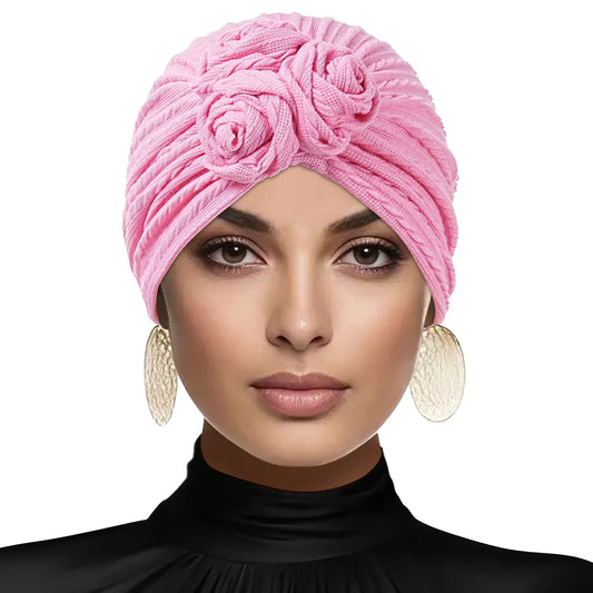 New Women Classic Rose Knot Turban Hats Vintage Solid Color Bonnet Head Wraps Classic Beanies Headscarf Chemo Cap