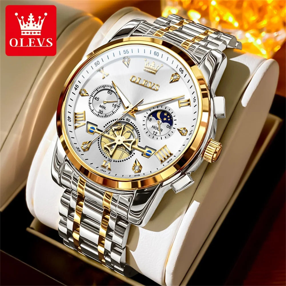OLEVS Men's Watches Trend Fashion Stainless Steel Flywheel Chronograph Moon Phase Waterproof Original Brand Quartz Watch for Man