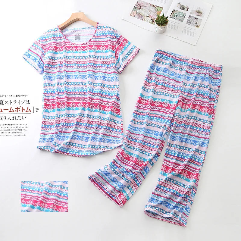 Pajama Sets for Women Summer Short Sleeve Plus Size Lightweight Sleepwear Suit Cute Fresh Homewear 2pcs Suits