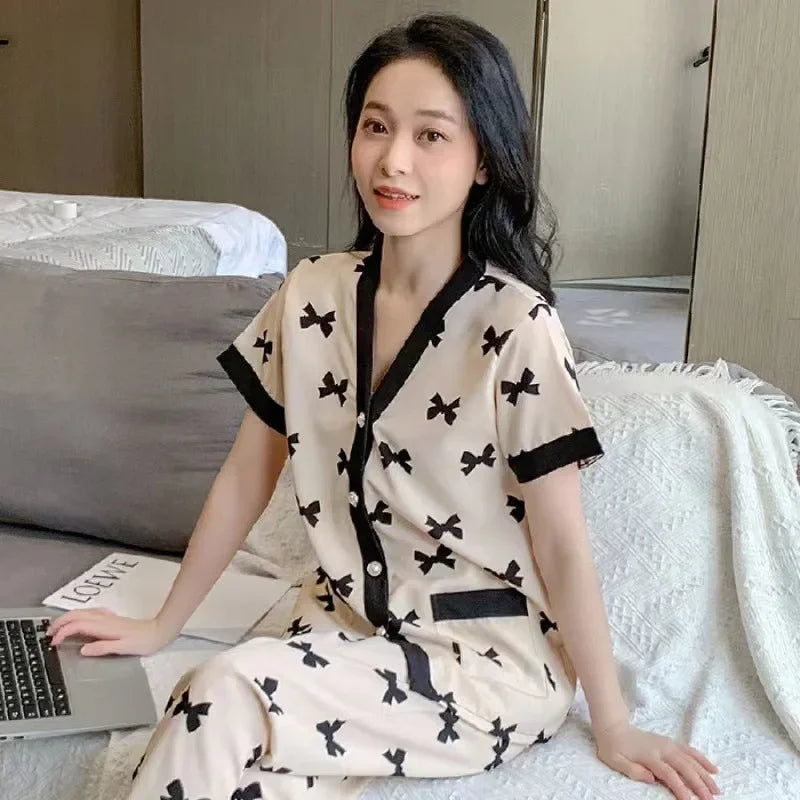 Korean Pajamas Set for Women Summer Spring Kimono Sleepwear Girls Fashion Cute Ladies Pyjama Bow Pijamas Japanese Loungewear