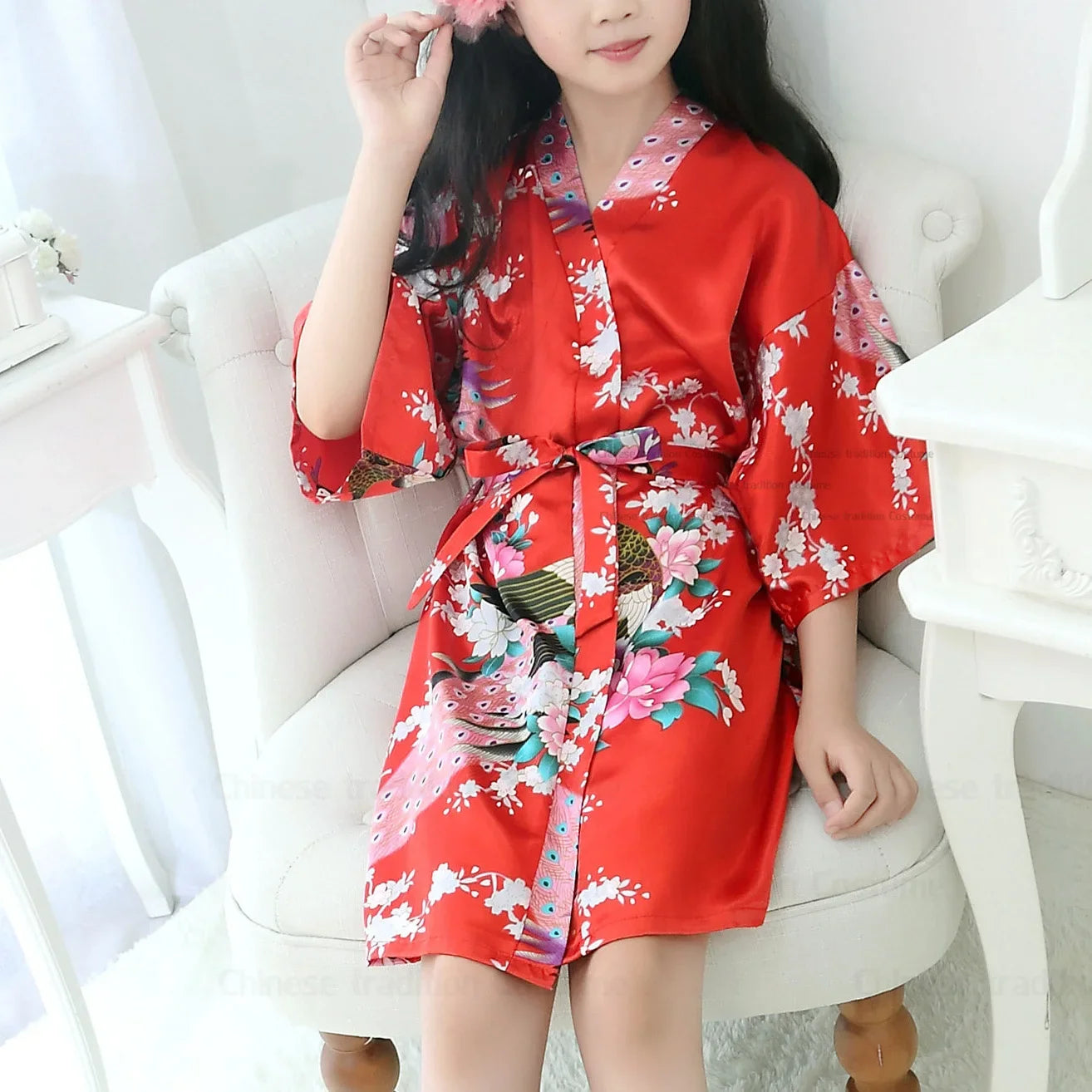 Satin Yukata Short Sleepwear Child Bathrobe Girl Peacock Print Japanese Kimono Loose Summer Spring New Loungewear Nightwear
