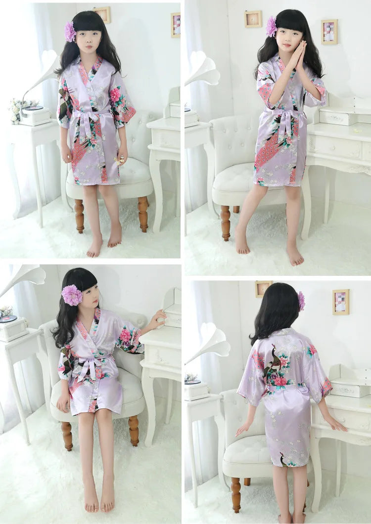 Satin Yukata Short Sleepwear Child Bathrobe Girl Peacock Print Japanese Kimono Loose Summer Spring New Loungewear Nightwear