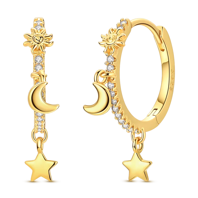 925 Sterling Silver Golden Earring Women 2026 CZ Zircon Hoop Ear Studs Sparkling Pave Moon Star Earring Wedding Anniversary Gift