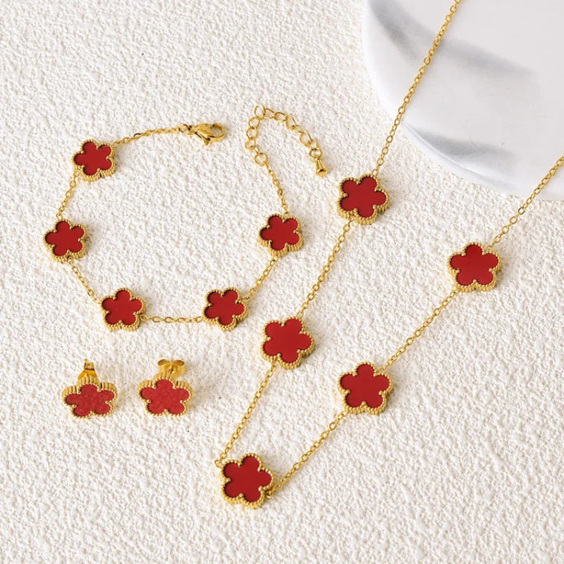 Five Flower Pattern Bracelet Necklace Earrings 18K Gold Plated Stainless Steel Adjustable For Women Daily Wear Jewelry Clover