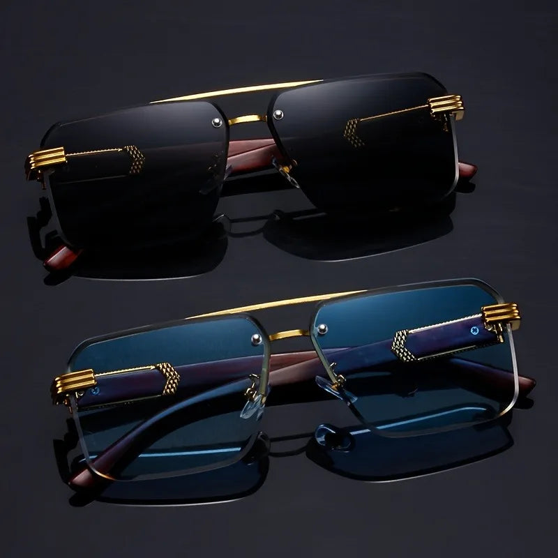 Women's Frameless Double Beam Fashion Sunglasses Golden Border Wood Grain Bracket for Male and Female Drivers Black Eyeglasses